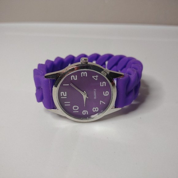 Purple And Silver Tone Rubber Stretch Band Watch - Picture 1 of 8